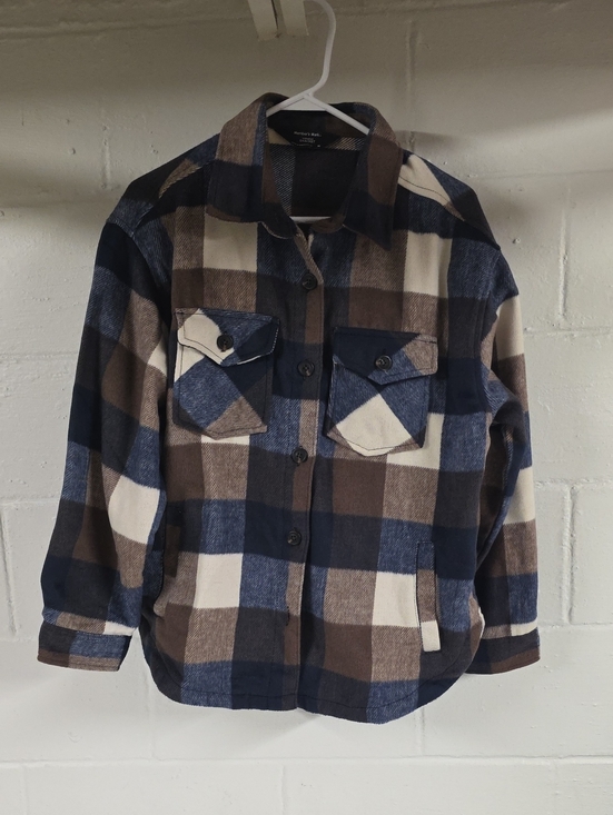 Member's Mark Tops - Button-Down Plaid Shacket in Navy, Brown & Cream